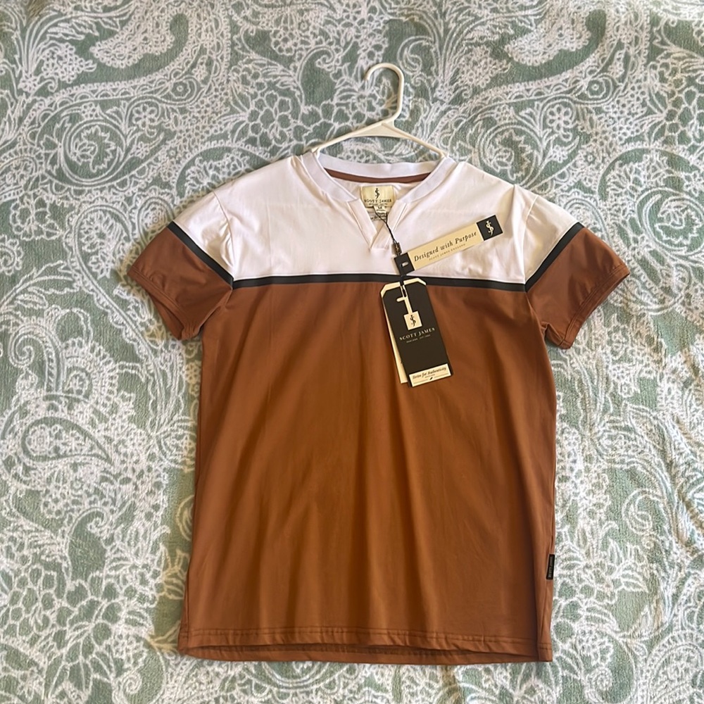 Scott James brown and white shirt